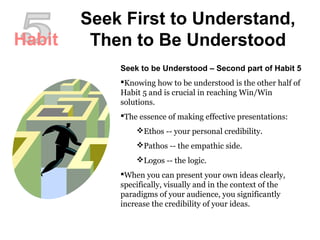 Seek First to Understand,
Then to Be Understood
Seek to be Understood – Second part of Habit 5
Knowing how to be understood is the other half of
Habit 5 and is crucial in reaching Win/Win
solutions.
The essence of making effective presentations:
Ethos -- your personal credibility.
Pathos -- the empathic side.
Logos -- the logic.
When you can present your own ideas clearly,
specifically, visually and in the context of the
paradigms of your audience, you significantly
increase the credibility of your ideas.
Habit
 