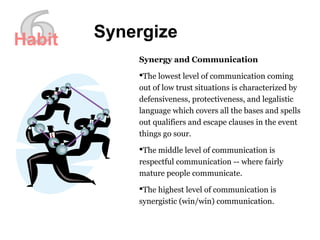 Synergize
Synergy and Communication
The lowest level of communication coming
out of low trust situations is characterized by
defensiveness, protectiveness, and legalistic
language which covers all the bases and spells
out qualifiers and escape clauses in the event
things go sour.
The middle level of communication is
respectful communication -- where fairly
mature people communicate.
The highest level of communication is
synergistic (win/win) communication.
Habit
 