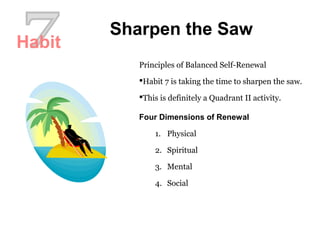 Sharpen the Saw
Principles of Balanced Self-Renewal
Habit 7 is taking the time to sharpen the saw.
This is definitely a Quadrant II activity.
Four Dimensions of Renewal
1. Physical
2. Spiritual
3. Mental
4. Social
Habit
 