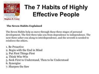 The 7 Habits of Highly
Effective People
The Seven Habits Explained
The Seven Habits help us move through these three stages of personal
development. The first three take you from dependence to independence. The
next three usher you along to interdependence, and the seventh is needed to
reinforce the others.
1. Be Proactive
2. Begin with the End in Mind
3. Put First Things First
4. Think Win-Win
5. Seek First to Understand, Then to be Understood
6. Synergize
7. Sharpen the Saw
 