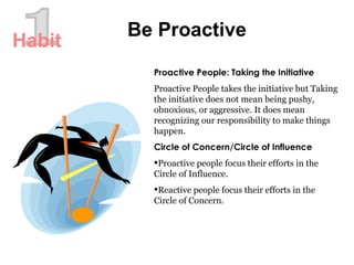 1 Proactive People: Taking the Initiative Proactive People takes the initiative but Taking the initiative does not mean being pushy, obnoxious, or aggressive. It does mean recognizing our responsibility to make things happen. Circle of Concern/Circle of Influence Proactive people focus their efforts in the Circle of Influence.  Reactive people focus their efforts in the Circle of Concern.  Be Proactive Habit 