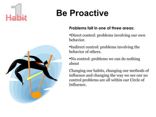 1 Problems fall in one of three areas:  Direct control: problems involving our own behavior.  Indirect control: problems involving the behavior of others.  No control: problems we can do nothing about Changing our habits, changing our methods of influence and changing the way we see our no control problems are all within our Circle of Influence. Be Proactive Habit 