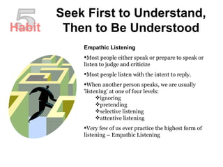 Seek First to Understand, Then to Be Understood 5 Empathic Listening Most people either speak or prepare to speak or listen to judge and criticize Most people listen with the intent to reply.  When another person speaks, we are usually 'listening' at one of four levels:  ignoring  pretending  selective listening  attentive listening  Very few of us ever practice the highest form of listening – Empathic Listening Habit 