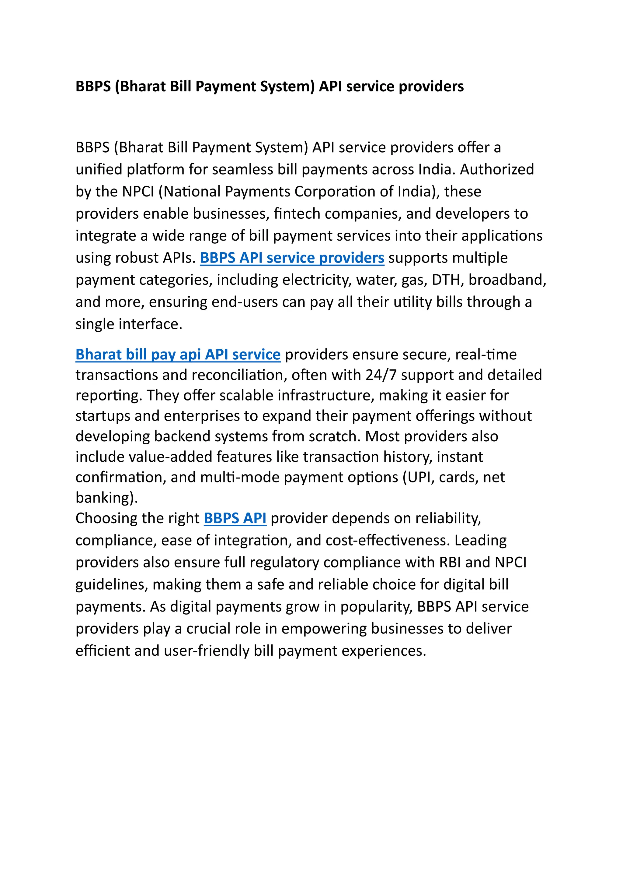 BBPS (Bharat Bill Payment System) API service providers | PDF