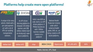 Mobile, Internet, GPS, Cloud 16
Platforms help create more open platforms!
A unique id for every
vehicle, linked with a
pre-paid payment
a/c with a set of
APIs for building
transportation
solutions.
India’s new B2B tax
code, built as an API
driven platform. 8
Million businesses
with 3 Billion
machine readable
invoices on a
platform!
INDIA STACK
National Health
Protection Scheme
under which
universal health
wallet, EHR, etc. are
being created as API
based platforms.
An API driven
learning platform to
empower 20 million
teachers and 200
million children built
on ekstep.org's open
source platforms.
Aadhaar Auth Aadhaar eKYC eSign Digital Locker UPI, APB, AEPS DEPA
 