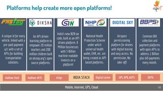 Mobile, Internet, GPS, Cloud 18
Platforms help create more open platforms!
A unique id for every
vehicle, linked with a
pre-paid payment
a/c with a set of
APIs for building
transportation
solutions.
Common Bill
collection and
payment platforms
with open APIs to
address 1 Billion
plus bill payments
every month.
India’s new B2B tax
code, built as an API
driven platform. 8
Million businesses
with 3 Billion
machine readable
invoices on a
platform!
INDIA STACK
National Health
Protection Scheme
under which
universal health
wallet, EHR, etc. are
being created as API
based platforms.
An API driven
learning platform to
empower 20 million
teachers and 200
million children built
on ekstep.org's open
source platforms.
Airspace
permissioning
platform for drones
with digital leasing
and easy access. No
permission, No
take-off!
DIGITAL SKY
Aadhaar Auth Aadhaar eKYC eSign Digital Locker UPI, APB, AEPS DEPA
 