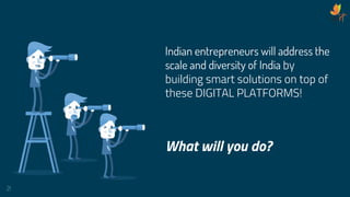 Indian entrepreneurs will address the
scale and diversity of India by
building smart solutions on top of
these DIGITAL PLATFORMS!
21
What will you do?
 