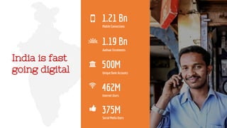 7
Mobile Connections
Aadhaar Enrolments
Unique Bank Accounts
Internet Users
1.21 Bn
1.19 Bn
500M
462M
Social Media Users
375M
India is fast
going digital
 