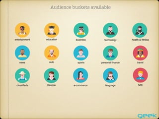 Audience buckets available
entertainment education business technology health & fitness
news auto sports personal finance travel
classifieds lifestyle e-commerce language NRI
 