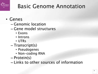 4
Basic Genome Annotation
• Genes
– Genomic location
– Gene model structures
• Exons
• Introns
• UTRs
– Transcript(s)
• Pseudogenes
• Non-coding RNA
– Protein(s)
– Links to other sources of information
 
