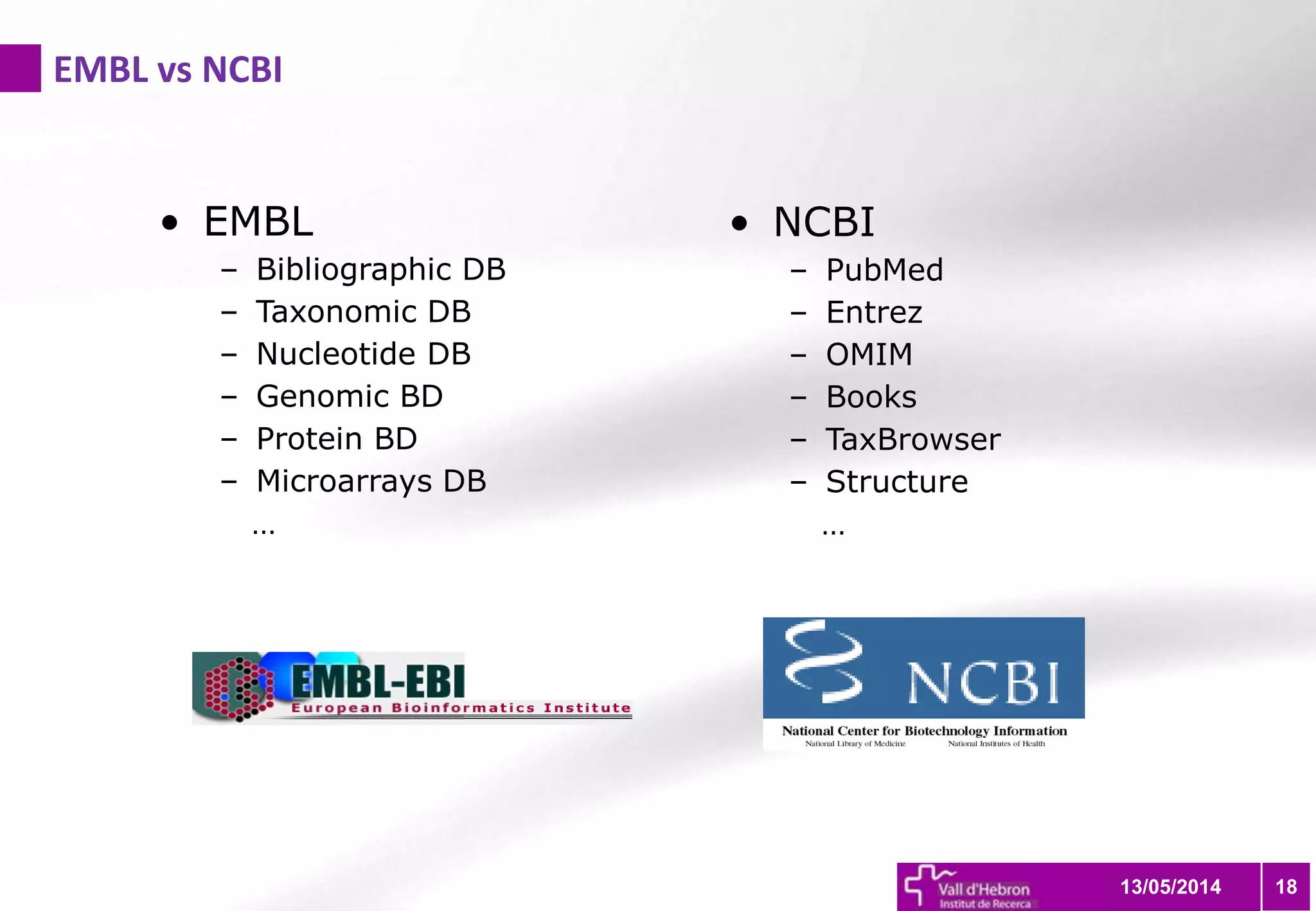 EMBL vs NCBI
1813/05/2014
• EMBL
– Bibliographic DB
– Taxonomic DB
– Nucleotide DB
– Genomic BD
– Protein BD
– Microarrays DB
…
• NCBI
– PubMed
– Entrez
– OMIM
– Books
– TaxBrowser
– Structure
…
 