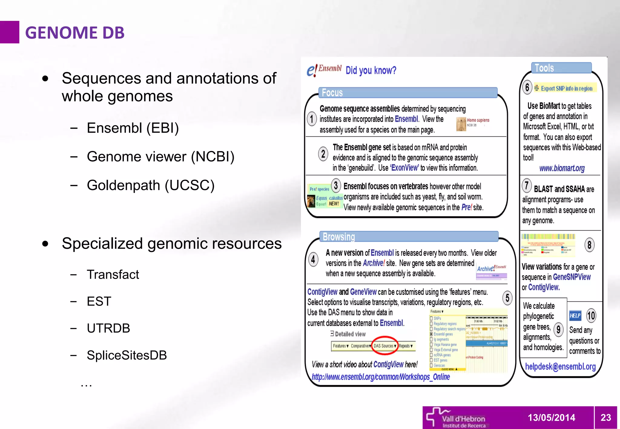 GENOME DB
2313/05/2014
• Sequences and annotations of
whole genomes
– Ensembl (EBI)
– Genome viewer (NCBI)
– Goldenpath (UCSC)
• Specialized genomic resources
– Transfact
– EST
– UTRDB
– SpliceSitesDB
…
 