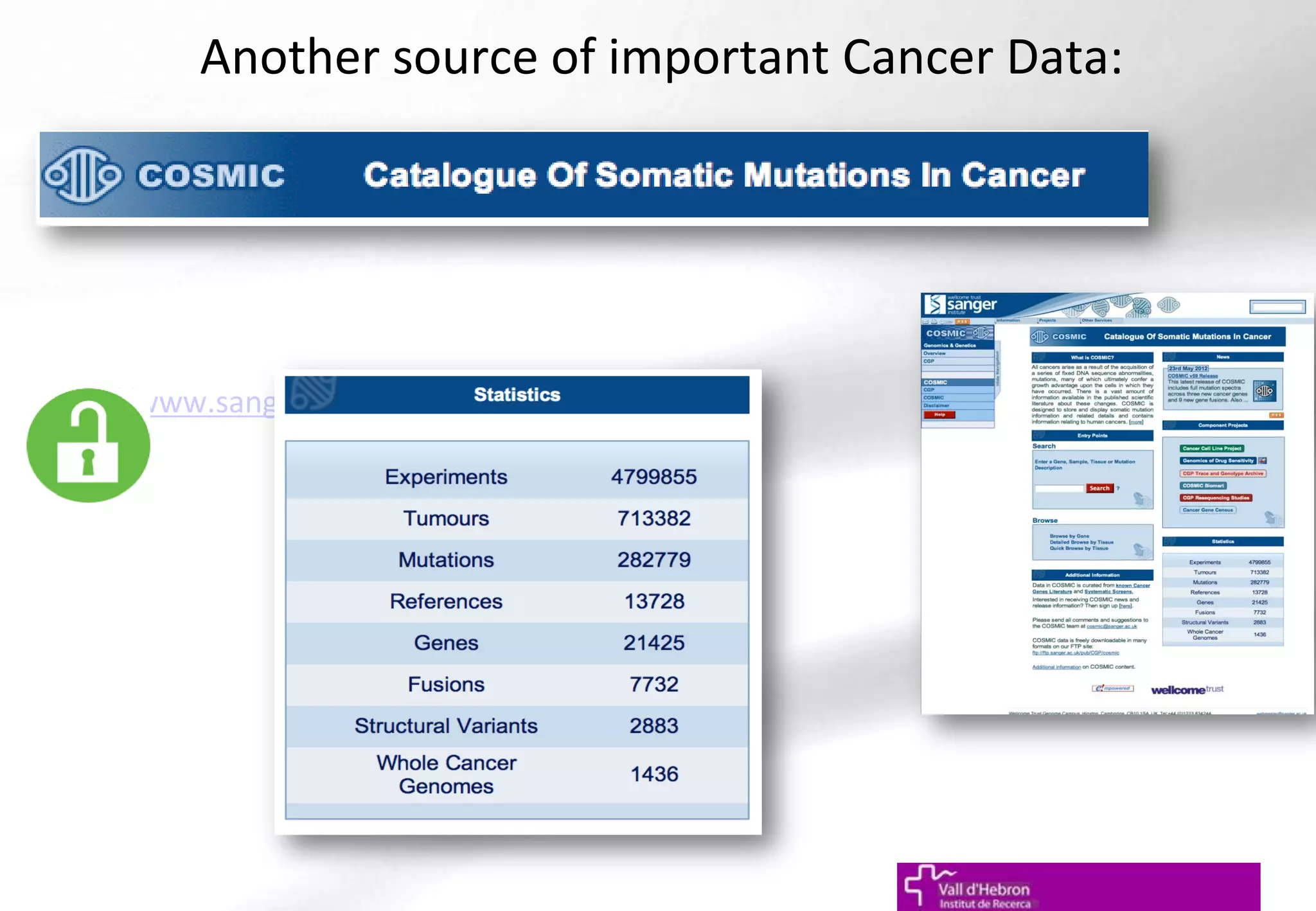 Another source of important Cancer Data:
:
http://www.sanger.ac.uk/genetics/CGP/cosmic/
 