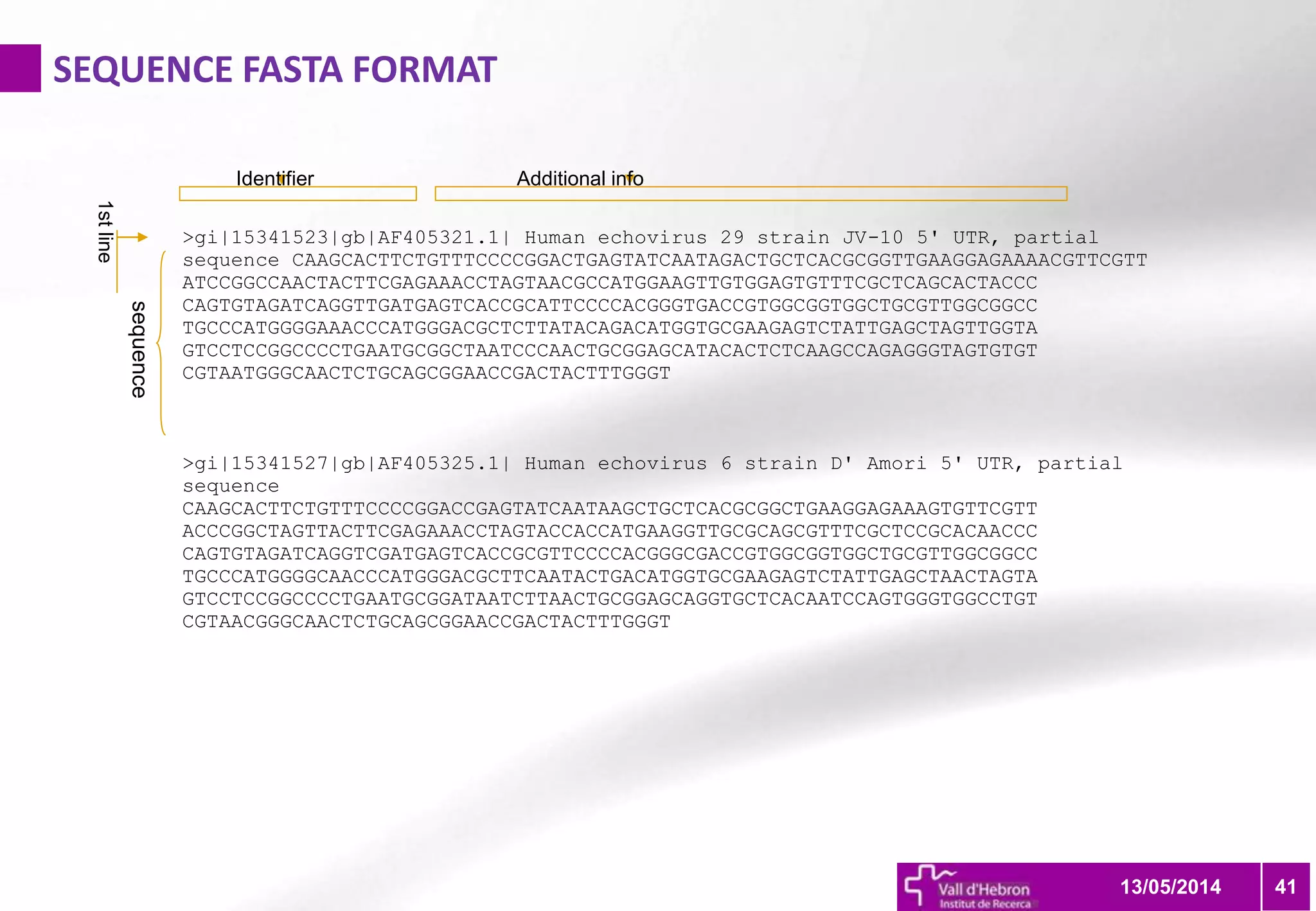 SEQUENCE FASTA FORMAT
4113/05/2014
Identifier Additional info
sequence
1stline
>gi|15341523|gb|AF405321.1| Human echovirus 29 strain JV-10 5' UTR, partial
sequence CAAGCACTTCTGTTTCCCCGGACTGAGTATCAATAGACTGCTCACGCGGTTGAAGGAGAAAACGTTCGTT
ATCCGGCCAACTACTTCGAGAAACCTAGTAACGCCATGGAAGTTGTGGAGTGTTTCGCTCAGCACTACCC
CAGTGTAGATCAGGTTGATGAGTCACCGCATTCCCCACGGGTGACCGTGGCGGTGGCTGCGTTGGCGGCC
TGCCCATGGGGAAACCCATGGGACGCTCTTATACAGACATGGTGCGAAGAGTCTATTGAGCTAGTTGGTA
GTCCTCCGGCCCCTGAATGCGGCTAATCCCAACTGCGGAGCATACACTCTCAAGCCAGAGGGTAGTGTGT
CGTAATGGGCAACTCTGCAGCGGAACCGACTACTTTGGGT
>gi|15341527|gb|AF405325.1| Human echovirus 6 strain D' Amori 5' UTR, partial
sequence
CAAGCACTTCTGTTTCCCCGGACCGAGTATCAATAAGCTGCTCACGCGGCTGAAGGAGAAAGTGTTCGTT
ACCCGGCTAGTTACTTCGAGAAACCTAGTACCACCATGAAGGTTGCGCAGCGTTTCGCTCCGCACAACCC
CAGTGTAGATCAGGTCGATGAGTCACCGCGTTCCCCACGGGCGACCGTGGCGGTGGCTGCGTTGGCGGCC
TGCCCATGGGGCAACCCATGGGACGCTTCAATACTGACATGGTGCGAAGAGTCTATTGAGCTAACTAGTA
GTCCTCCGGCCCCTGAATGCGGATAATCTTAACTGCGGAGCAGGTGCTCACAATCCAGTGGGTGGCCTGT
CGTAACGGGCAACTCTGCAGCGGAACCGACTACTTTGGGT
 