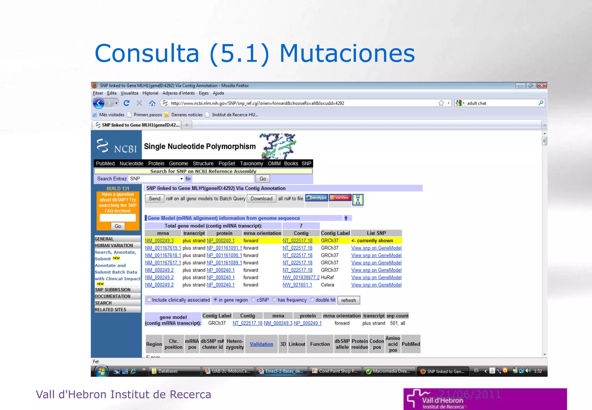 Vall d'Hebron Institut de Recerca 21/06/2011
Consulta (5.1) Mutaciones
 