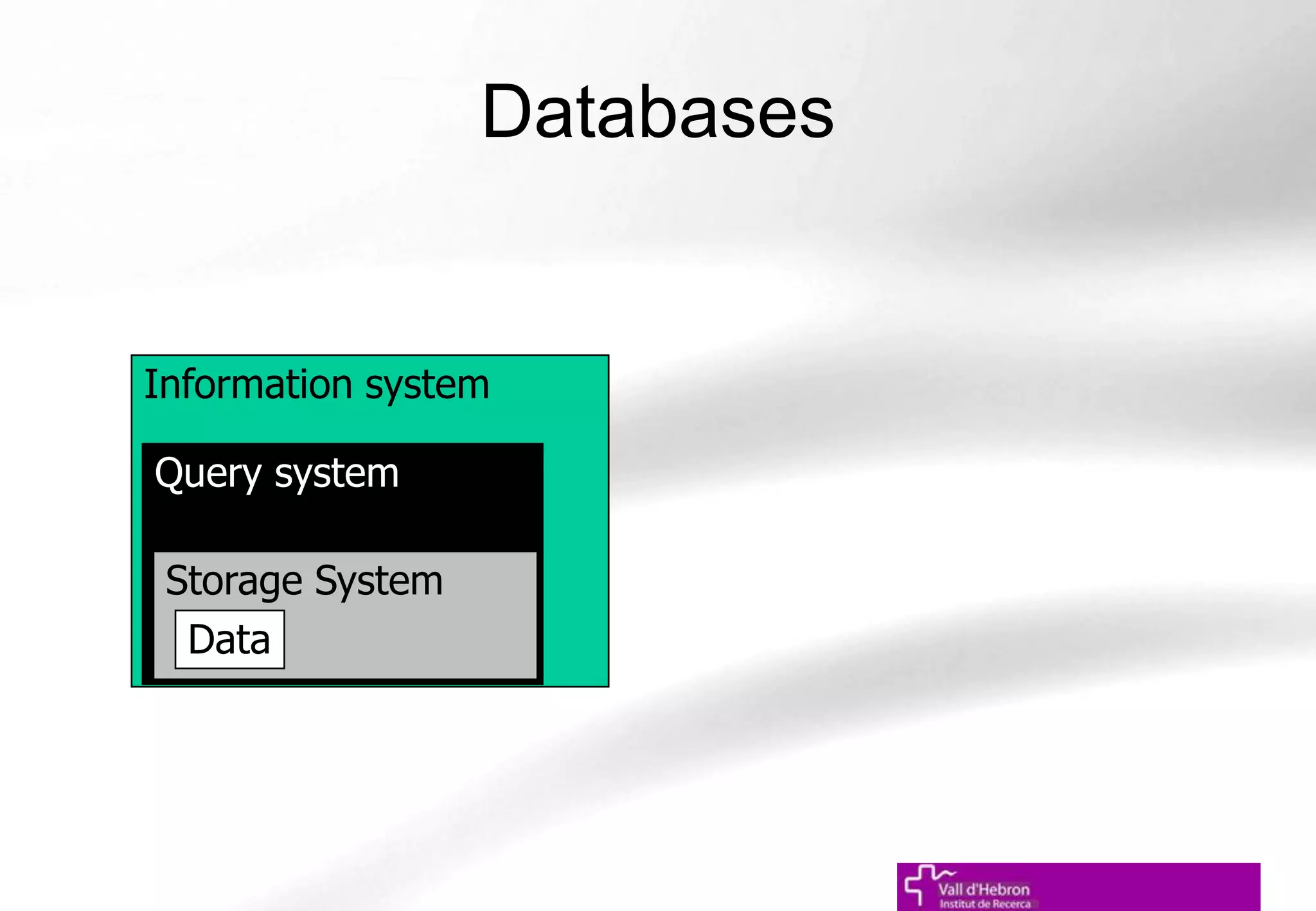 Databases
Information system
Query system
Storage System
Data
 