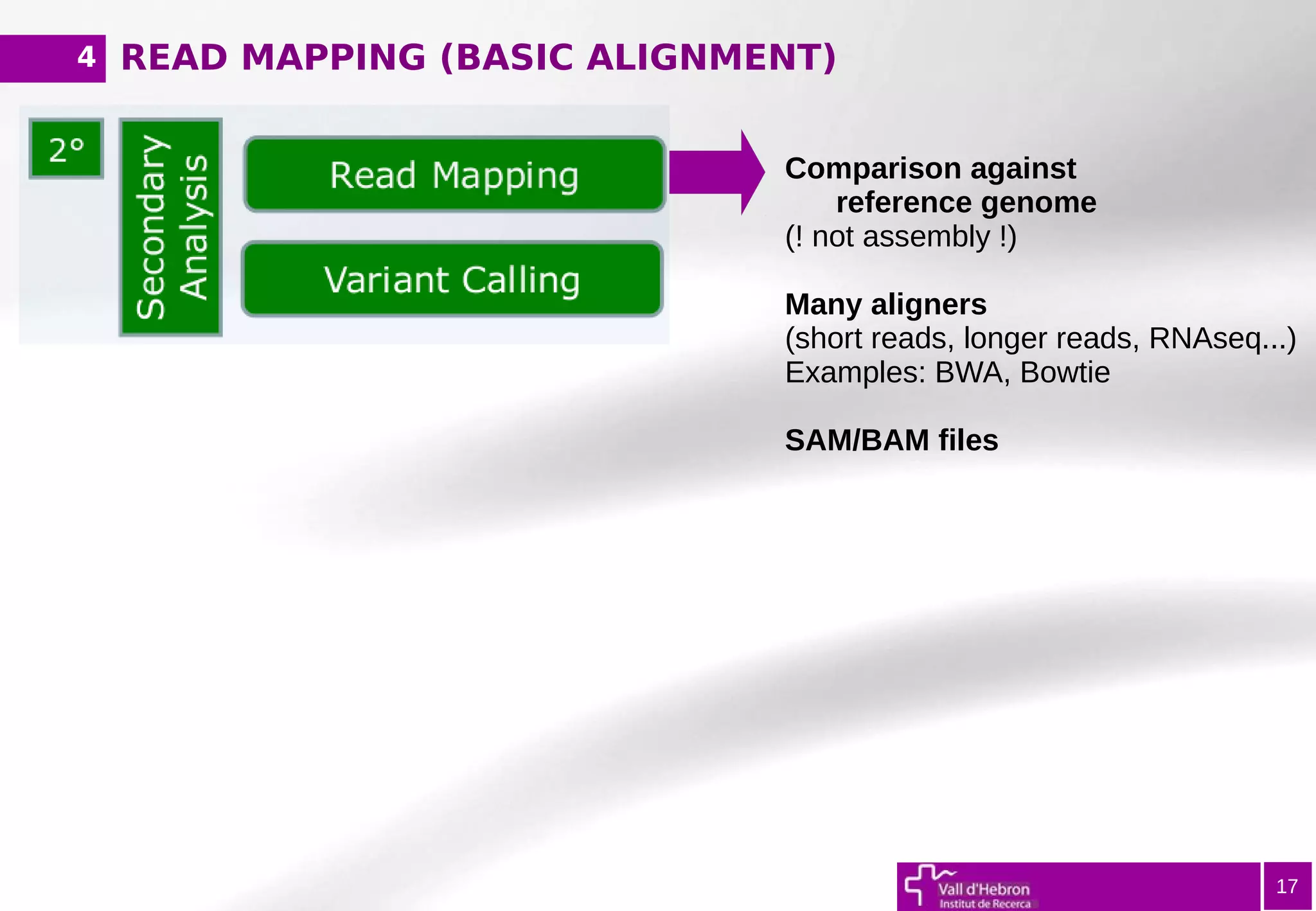 READ MAPPING (BASIC ALIGNMENT)4
17
Comparison against
reference genome
(! not assembly !)
Many aligners
(short reads, longer reads, RNAseq...)
Examples: BWA, Bowtie
SAM/BAM files
 