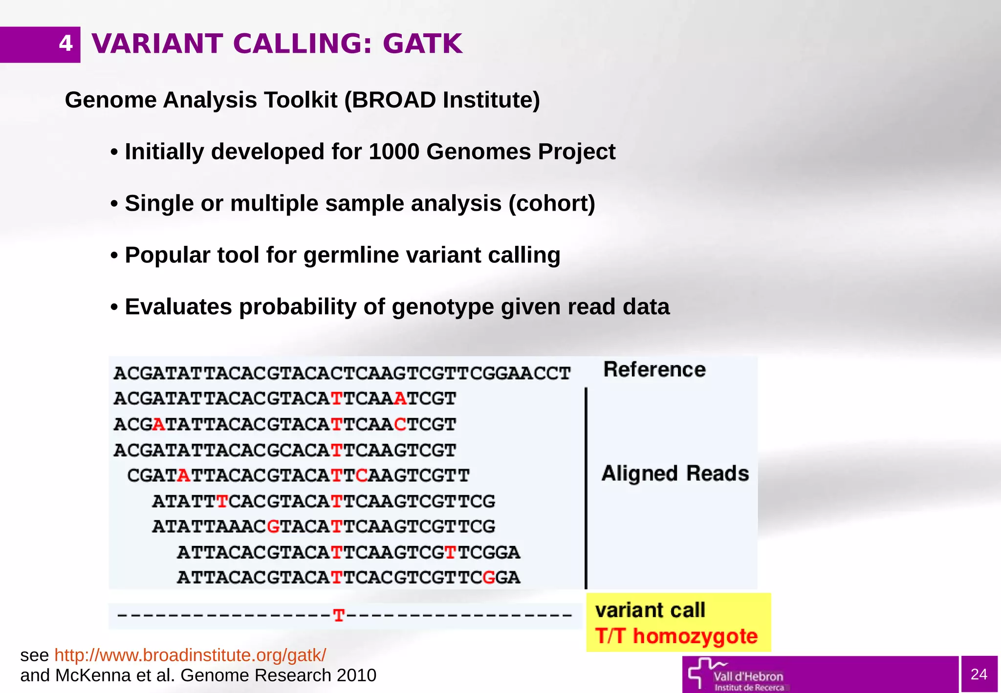 VARIANT CALLING: GATK
24
Genome Analysis Toolkit (BROAD Institute)
• Initially developed for 1000 Genomes Project
• Single or multiple sample analysis (cohort)
• Popular tool for germline variant calling
• Evaluates probability of genotype given read data
4
see http://www.broadinstitute.org/gatk/
and McKenna et al. Genome Research 2010
 