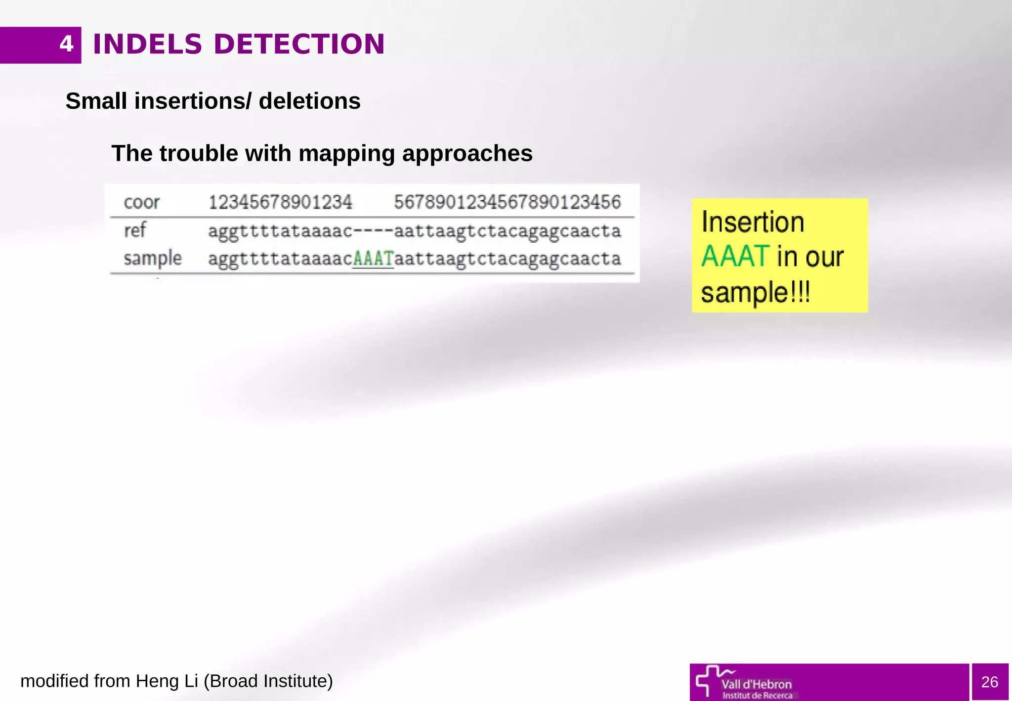 INDELS DETECTION1
26
Small insertions/ deletions
The trouble with mapping approaches
4
modified from Heng Li (Broad Institute)
 
