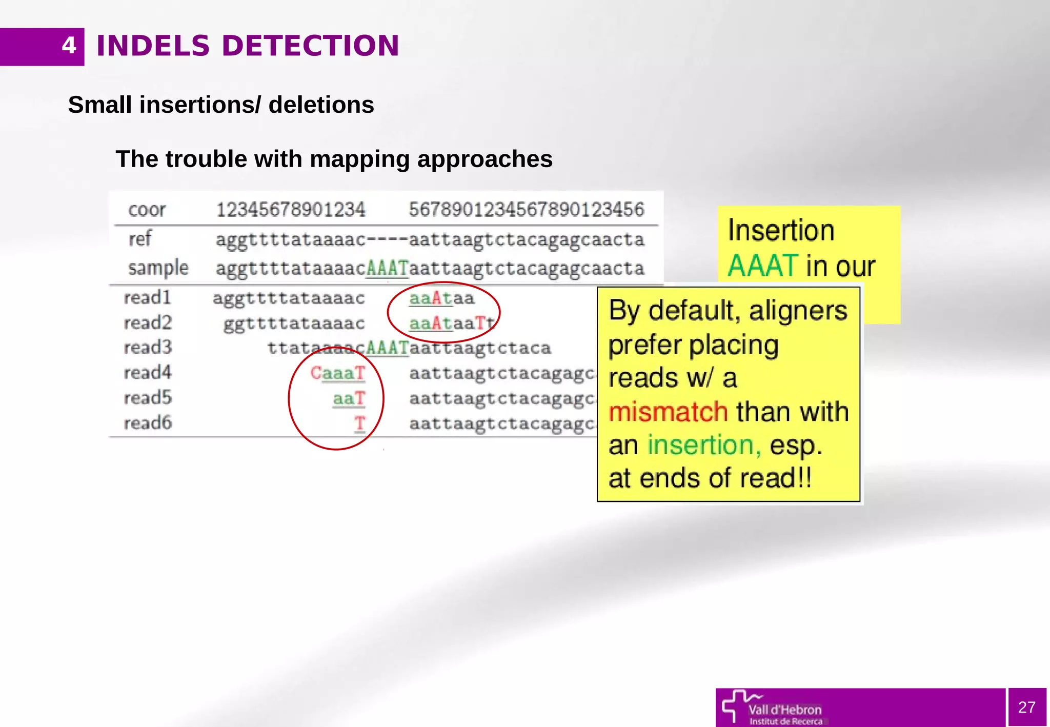 INDELS DETECTION
27
Small insertions/ deletions
The trouble with mapping approaches
4
 