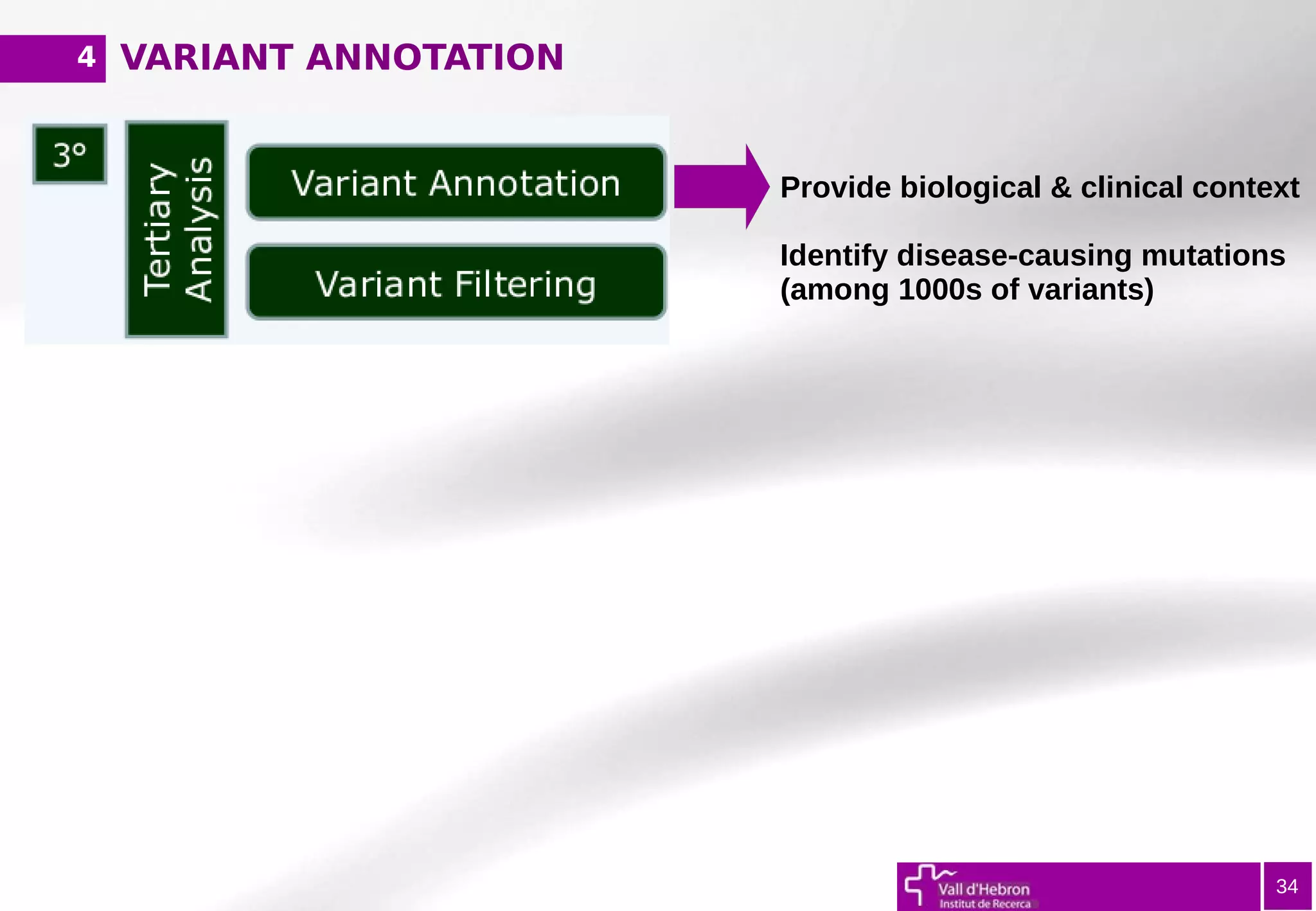 VARIANT ANNOTATION
34
Provide biological & clinical context
Identify disease-causing mutations
(among 1000s of variants)
4
 