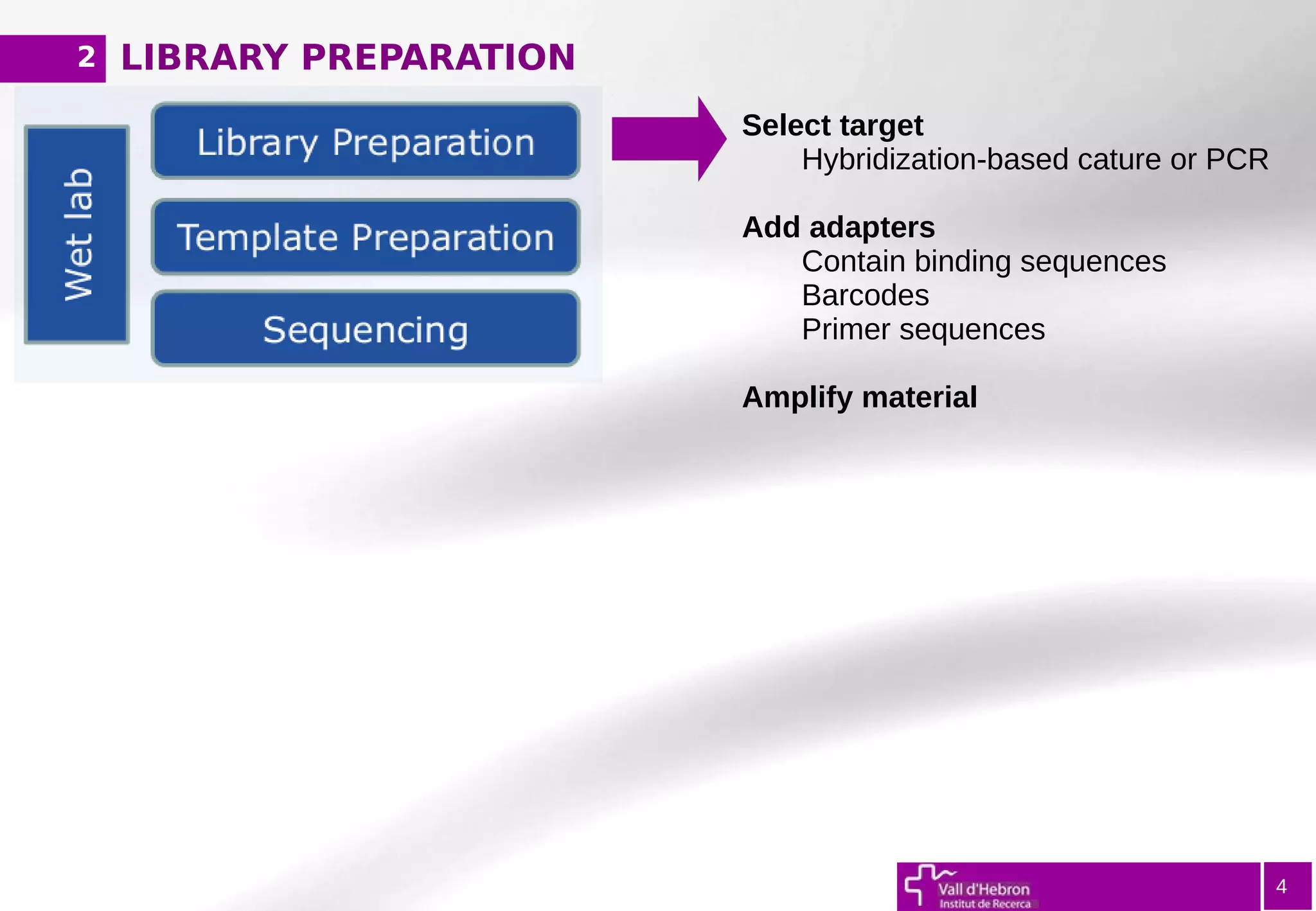 LIBRARY PREPARATION2
4
Select target
Hybridization-based cature or PCR
Add adapters
Contain binding sequences
Barcodes
Primer sequences
Amplify material
2
 