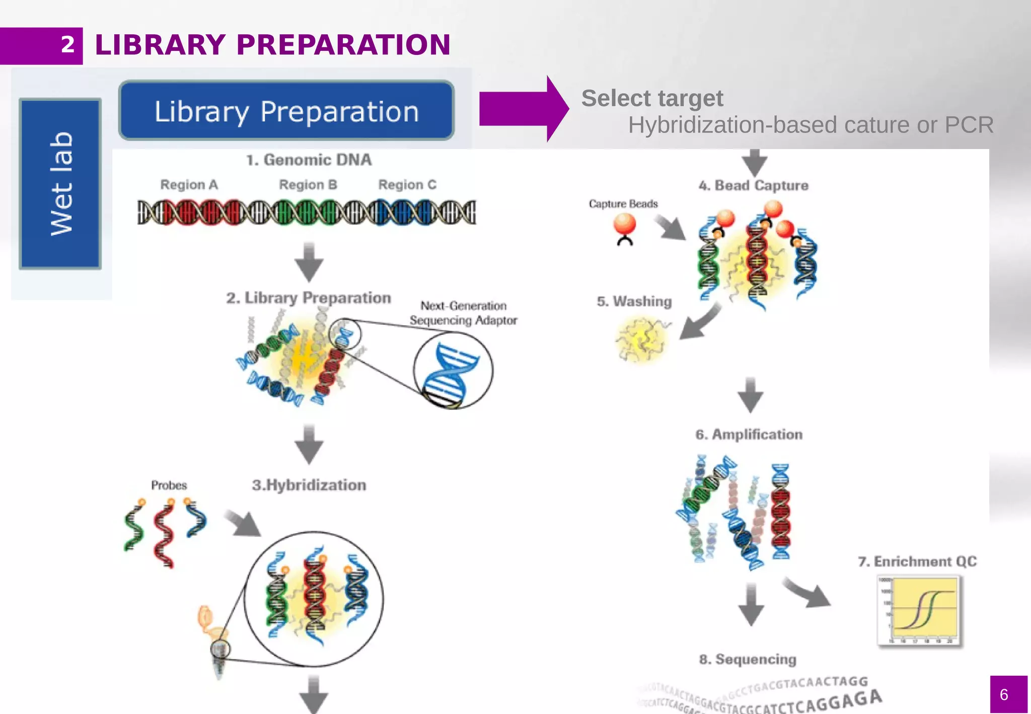 6
Select target
Hybridization-based cature or PCR
Add adapters
Contain binding sequences
Barcodes
Primer sequences
Amplify material
LIBRARY PREPARATION2
 
