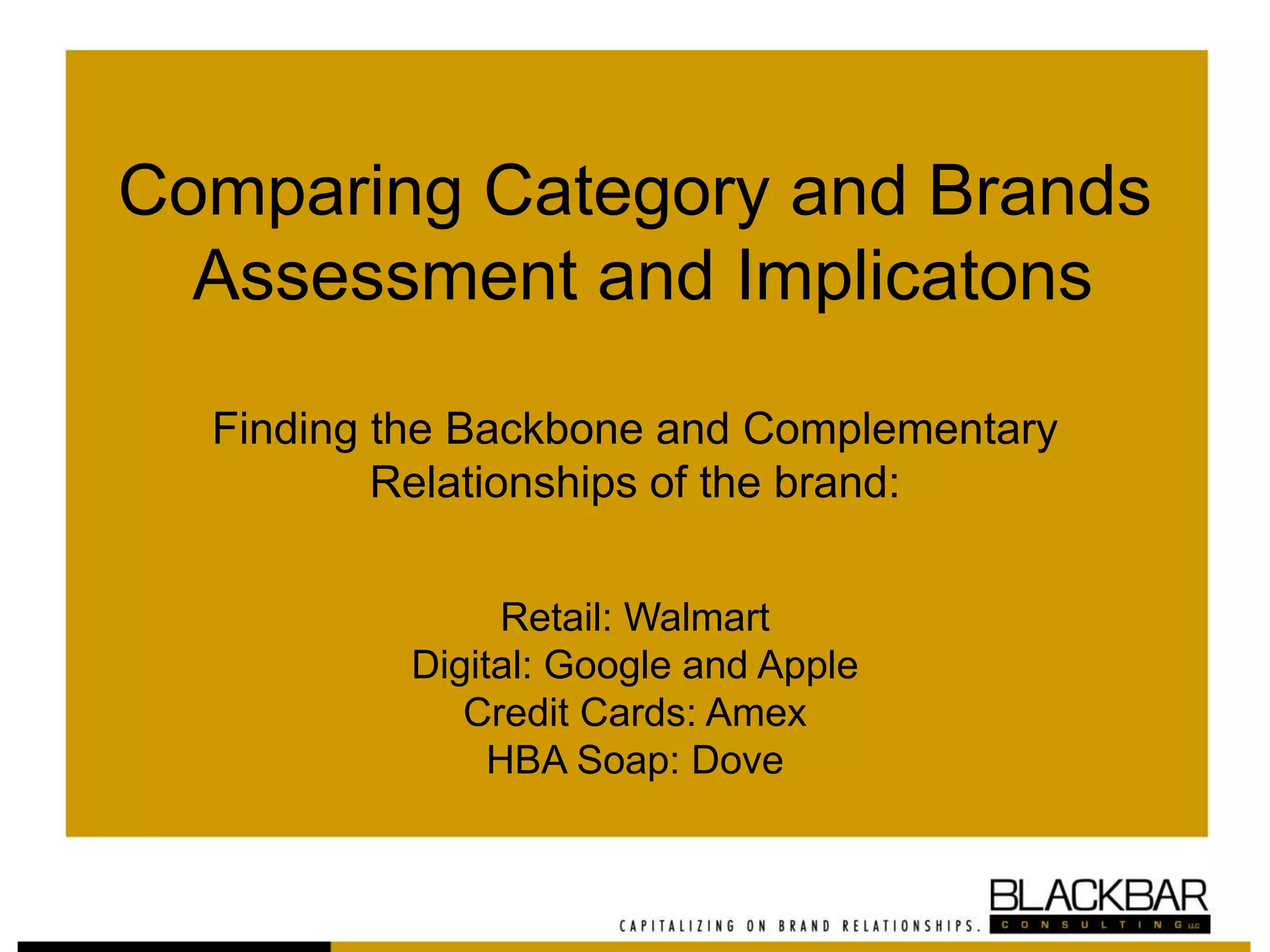 Comparing Category and Brands
Assessment and Implicatons
Finding the Backbone and Complementary
Relationships of the brand:
Retail: Walmart
Digital: Google and Apple
Credit Cards: Amex
HBA Soap: Dove
 