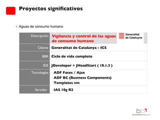 Proyectos significativos Aguas de consumo humano Vigilancia y control de las aguas  de consumo humano Descripción Gestión reclamación de clientes Cliente Generalitat de Catalunya - ICS BBR Ciclo de vida completo  IDE JDeveloper + JHeadStart ( 10.1.3 ) Tecnologías ADF Faces / Ajax ADF BC (Business Components) Templates vm Servidor  IAS 10g R2 