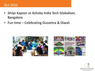 • Shilpi Kapoor at Ashoka India Tech Globaliser,
Bangalore
• Fun time – Celebrating Dussehra & Diwali
Oct 2015
 