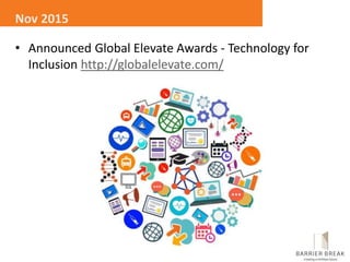 • Announced Global Elevate Awards - Technology for
Inclusion http://globalelevate.com/
Nov 2015
 