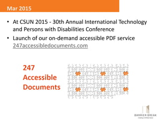 • At CSUN 2015 - 30th Annual International Technology
and Persons with Disabilities Conference
• Launch of our on-demand accessible PDF service
247accessibledocuments.com
Mar 2015
 
