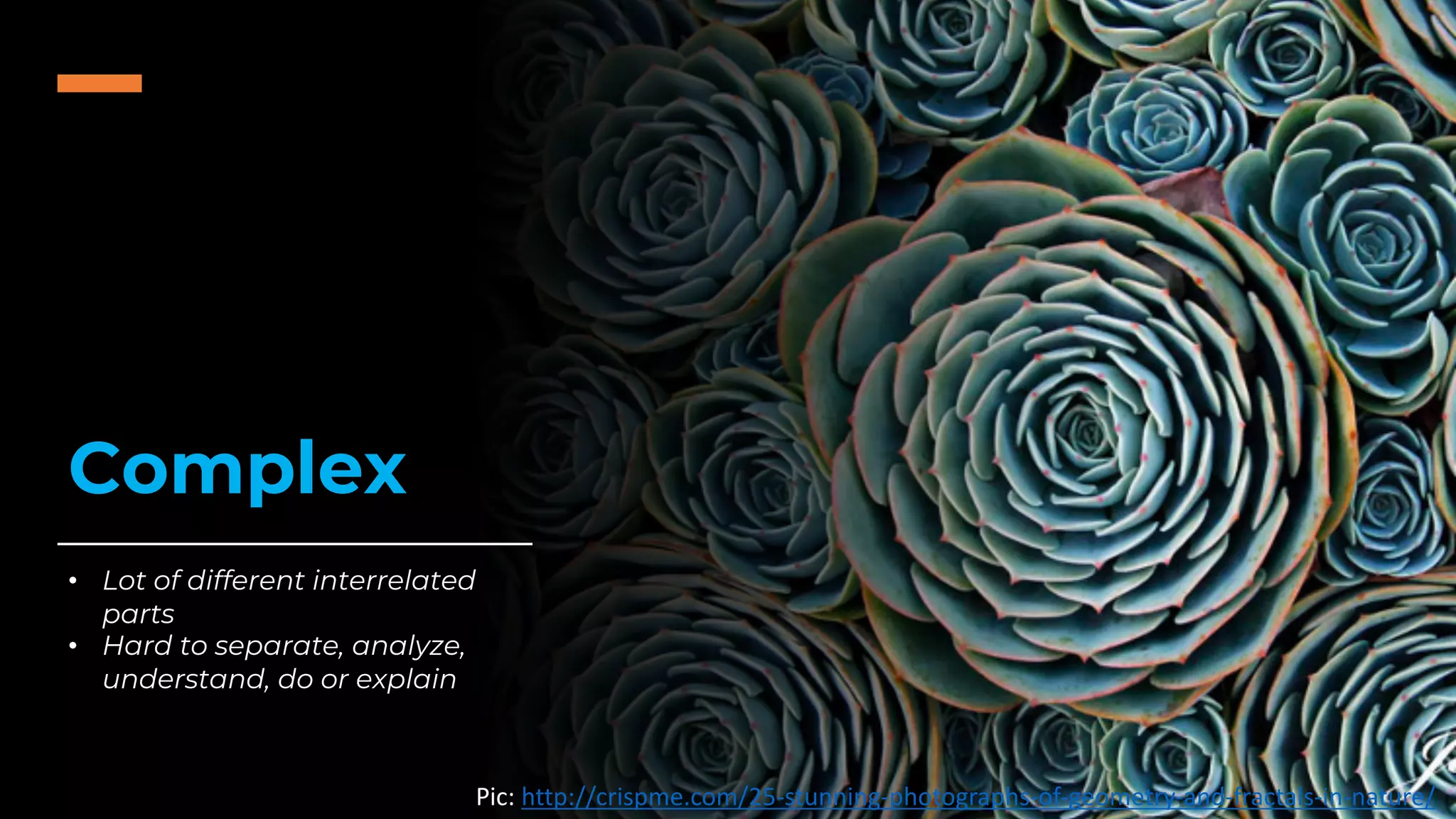 Complex
Pic: http://crispme.com/25-stunning-photographs-of-geometry-and-fractals-in-nature/
• Lot of different interrelated
parts
• Hard to separate, analyze,
understand, do or explain
 