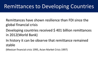 Remittances to Developing Countries
Remittances have shown resilience than FDI since the
global financial crisis
Developing countries received $ 401 billion remittances
in 2012(World Bank)
In history it can be observe that remittance remained
stable
(Mexican financial crisis 1995, Asian Market Crisis 1997)
 