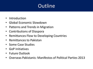 Outline
• Introduction
• Global Economic Slowdown
• Patterns and Trends in Migration
• Contributions of Diaspora
• Remittances Flow to Developing Countries
• Remittances to Pakistan
• Some Case Studies
• GoP Initiatives
• Future Outlook
• Overseas Pakistanis: Manifestos of Political Parties 2013
 