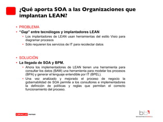 ¿Qué aporta SOA a las Organizaciones que implantan LEAN? PROBLEMA “ Gap ” entre tecnólogos y implantadores LEAN Los implantadores de LEAN usan herramientas del estilo Visio para diagramar procesos Sólo requieren los servicios de IT para recolectar datos SOLUCIÓN La llegada de SOA y BPM. Ahora los implementadores de LEAN tienen una herramienta para consultar los datos (BAM) una herramienta para modelar los procesos (BPA) y generar el lenguaje entendible por IT (BPEL). Una vez analizado y mejorado el proceso de negocio la gobernabilidad de SOA permite a los consultores e implementadores la definición de políticas y reglas que permitan el correcto funcionamiento del proceso. 