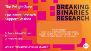 © 2023 Breaking Binaries Research. All rights reserved.
Professor Katrina Pritchard
&
Dr Helen Williams
School of Management, Swansea University
The Twilight Zone
Qualitative Research
Support Sessions
Twilight Highlights
This was an in person session and we are sharing
summary slides for those who were unable to attend.
Follow our blog for details on our next session…
 