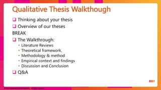 © 2023 Breaking Binaries Research. All rights reserved.
 Thinking about your thesis
 Overview of our theses
BREAK
 The Walkthrough:
• Literature Reviews
• Theoretical framework,
• Methodology & method
• Empirical context and findings
• Discussion and Conclusion
 Q&A
Qualitative Thesis Walkthough
 
