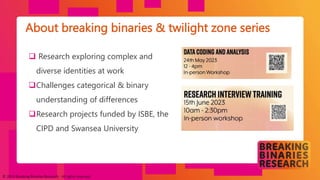 © 2023 Breaking Binaries Research. All rights reserved.
About breaking binaries & twilight zone series
© 2023 Breaking Binaries Research. All rights reserved.
 Research exploring complex and
diverse identities at work
Challenges categorical & binary
understanding of differences
Research projects funded by ISBE, the
CIPD and Swansea University
 