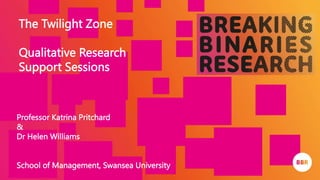 © 2023 Breaking Binaries Research. All rights reserved.
Professor Katrina Pritchard
&
Dr Helen Williams
School of Management, Swansea University
The Twilight Zone
Qualitative Research
Support Sessions
 