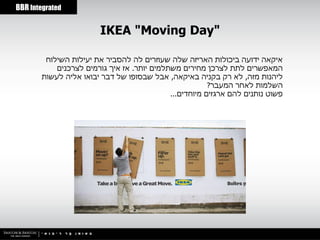 ‫‪BBR Integrated‬‬


                        ‫"‪IKEA "Moving Day‬‬

         ‫איקאה ידועה ביכולות האריזה שלה שעוזרים לה להסביר את יעילות השילוח‬
            ‫המאפשרים לתת לצרכן מחירים משתלמים יותר. אז איך גורמים לצרכנים‬
        ‫ליהנות מזה, לא רק בקניה באיקאה, אבל שבסופו של דבר יבואו אליה לעשות‬
                                                         ‫השלמות לאחר המעבר?‬
                                             ‫פשוט נותנים להם ארגזים מיוחדים...‬
 