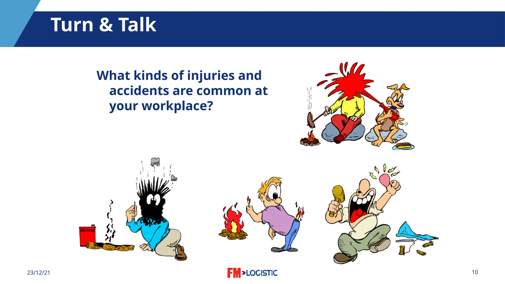 10
23/12/21
Turn & Talk
What kinds of injuries and
accidents are common at
your workplace?
 
