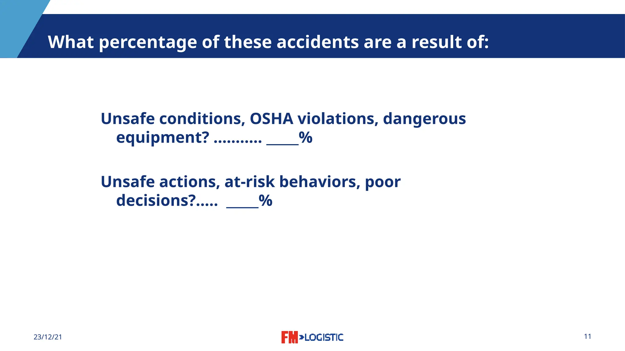 11
23/12/21
What percentage of these accidents are a result of:
Unsafe conditions, OSHA violations, dangerous
equipment? ……….. _____%
Unsafe actions, at-risk behaviors, poor
decisions?..... _____%
 