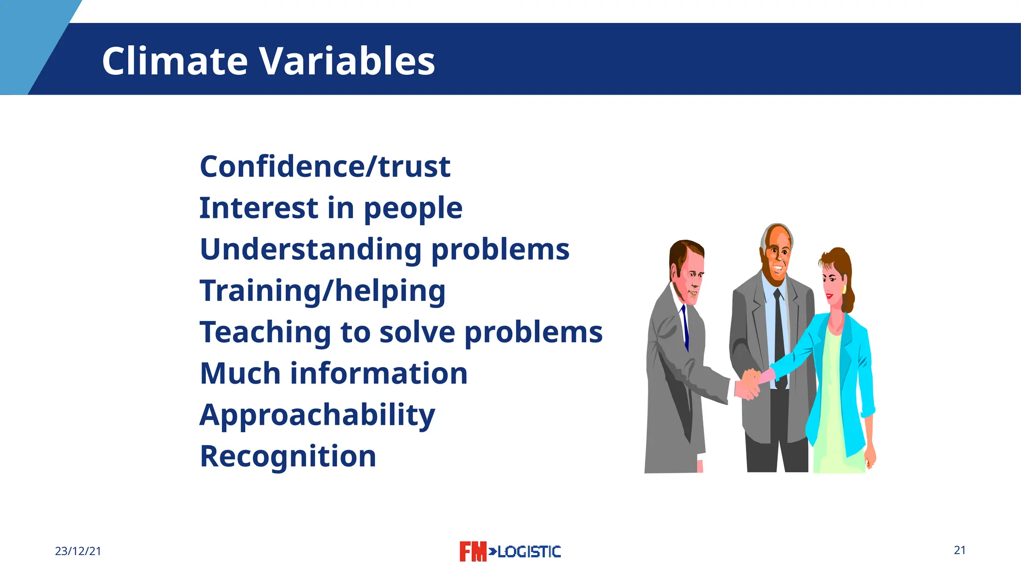 21
23/12/21
Climate Variables
Confidence/trust
Interest in people
Understanding problems
Training/helping
Teaching to solve problems
Much information
Approachability
Recognition
 