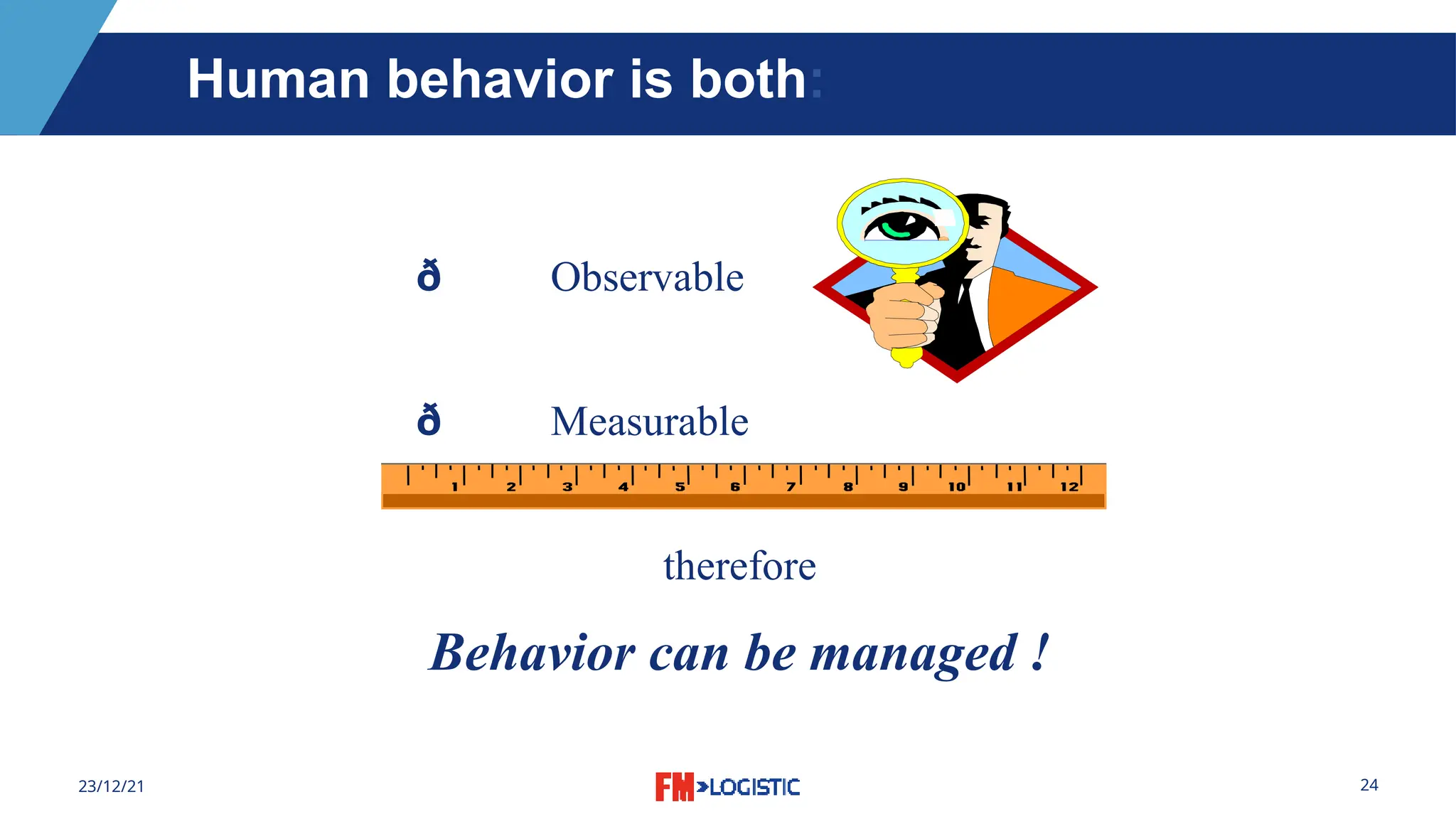 24
23/12/21
Human behavior is both:
ð Observable
ð Measurable
therefore
Behavior can be managed !
 