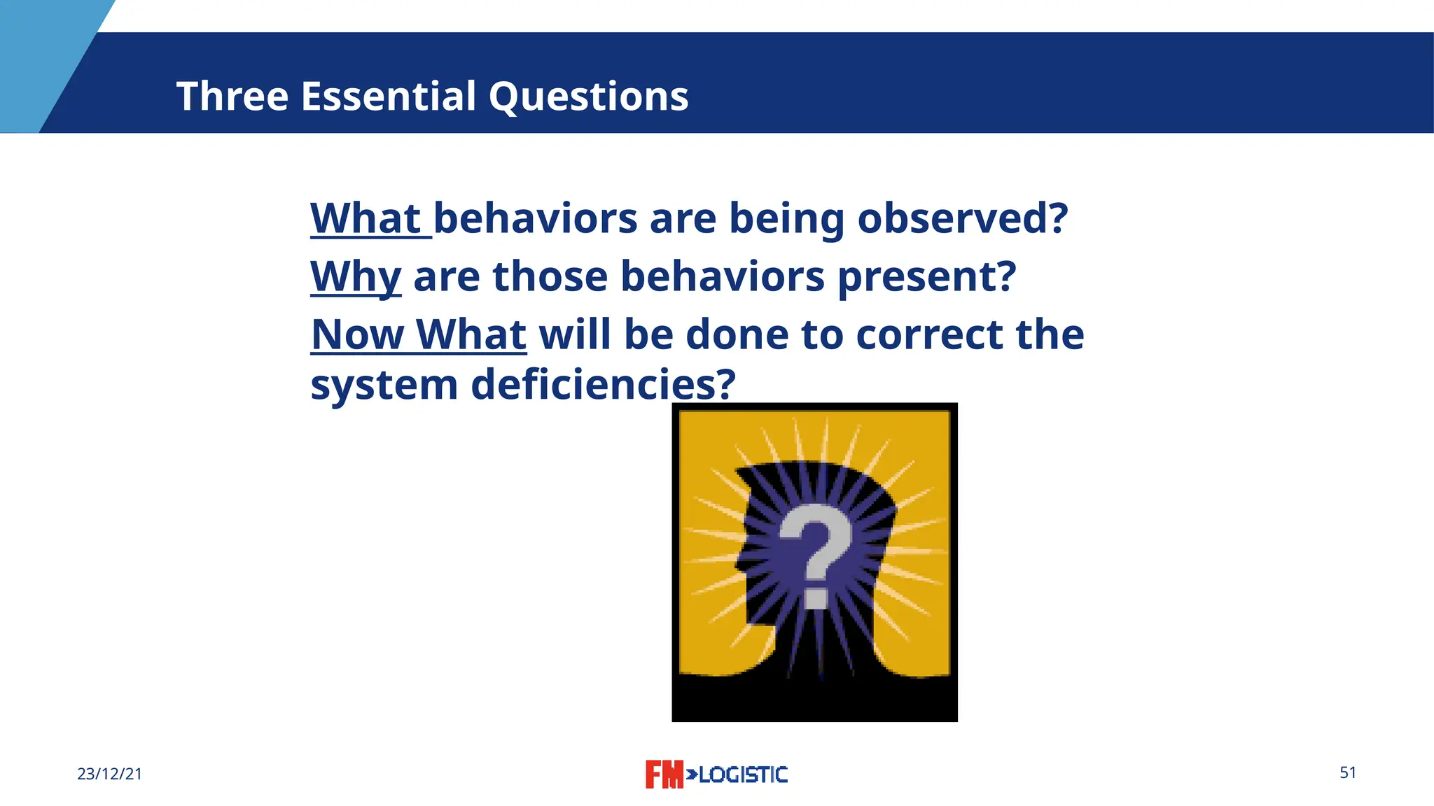 51
23/12/21
Three Essential Questions
What behaviors are being observed?
Why are those behaviors present?
Now What will be done to correct the
system deficiencies?
 