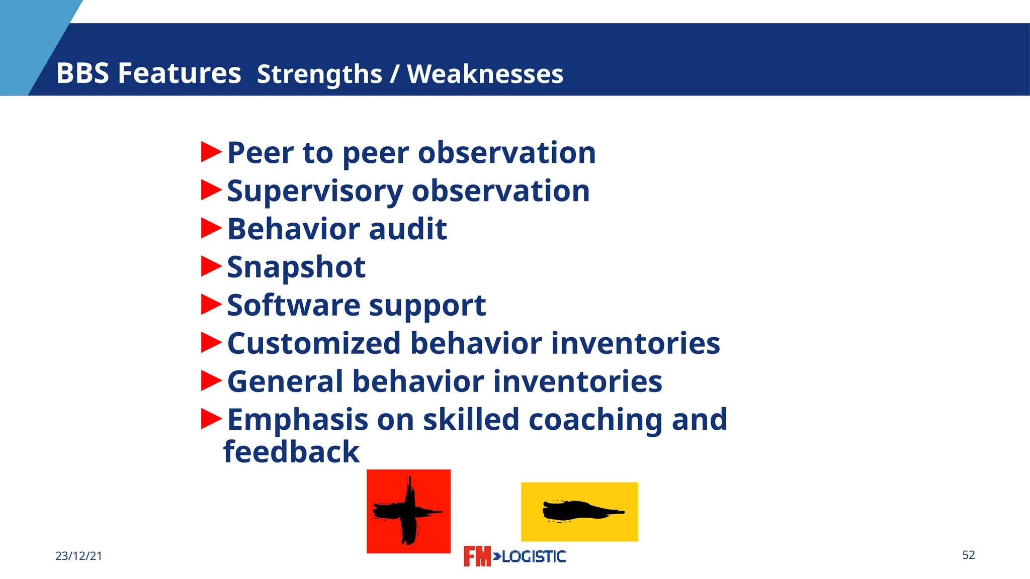 52
23/12/21
BBS Features Strengths / Weaknesses
►Peer to peer observation
►Supervisory observation
►Behavior audit
►Snapshot
►Software support
►Customized behavior inventories
►General behavior inventories
►Emphasis on skilled coaching and
feedback
 