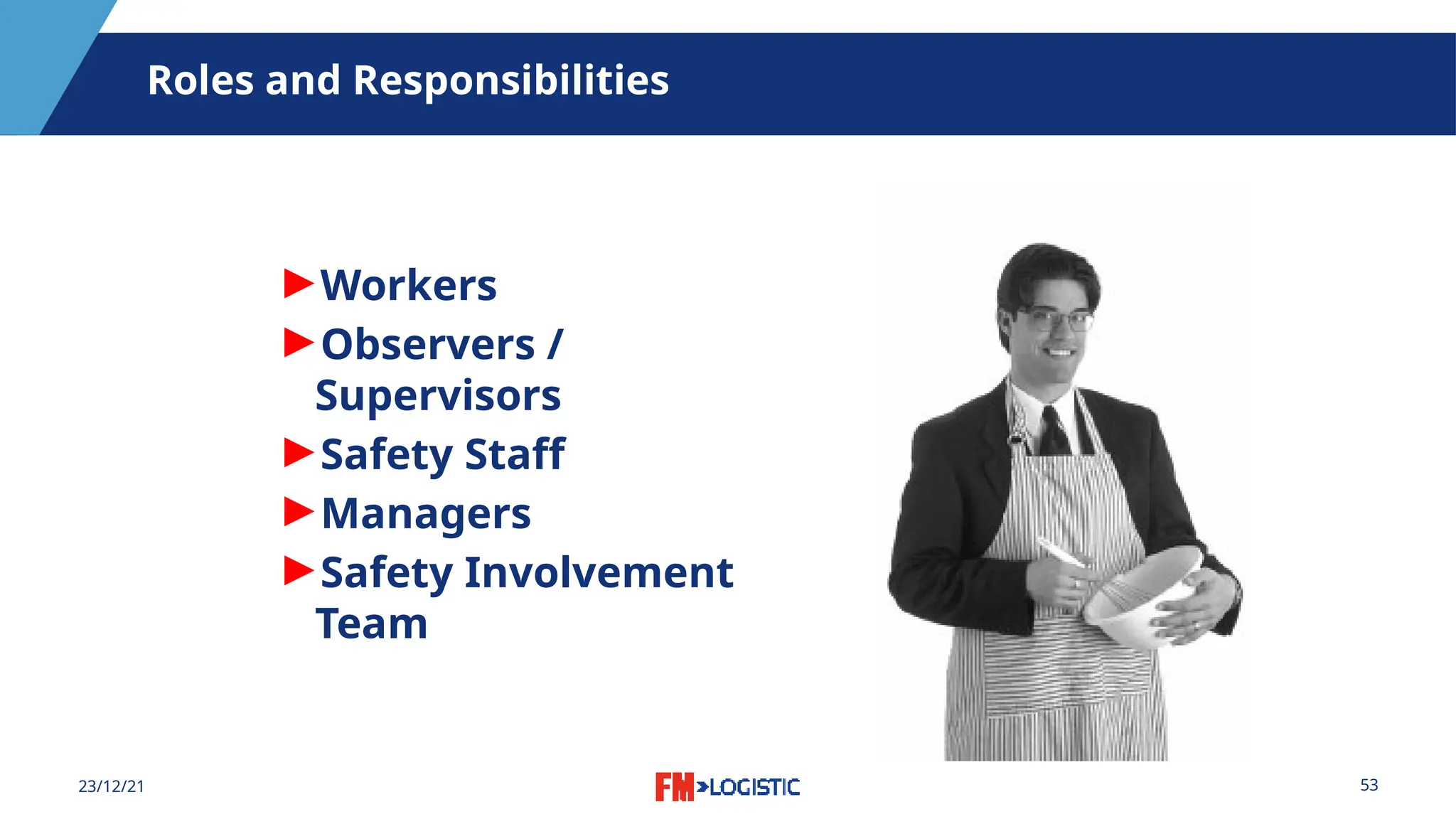 53
23/12/21
Roles and Responsibilities
►Workers
►Observers /
Supervisors
►Safety Staff
►Managers
►Safety Involvement
Team
 