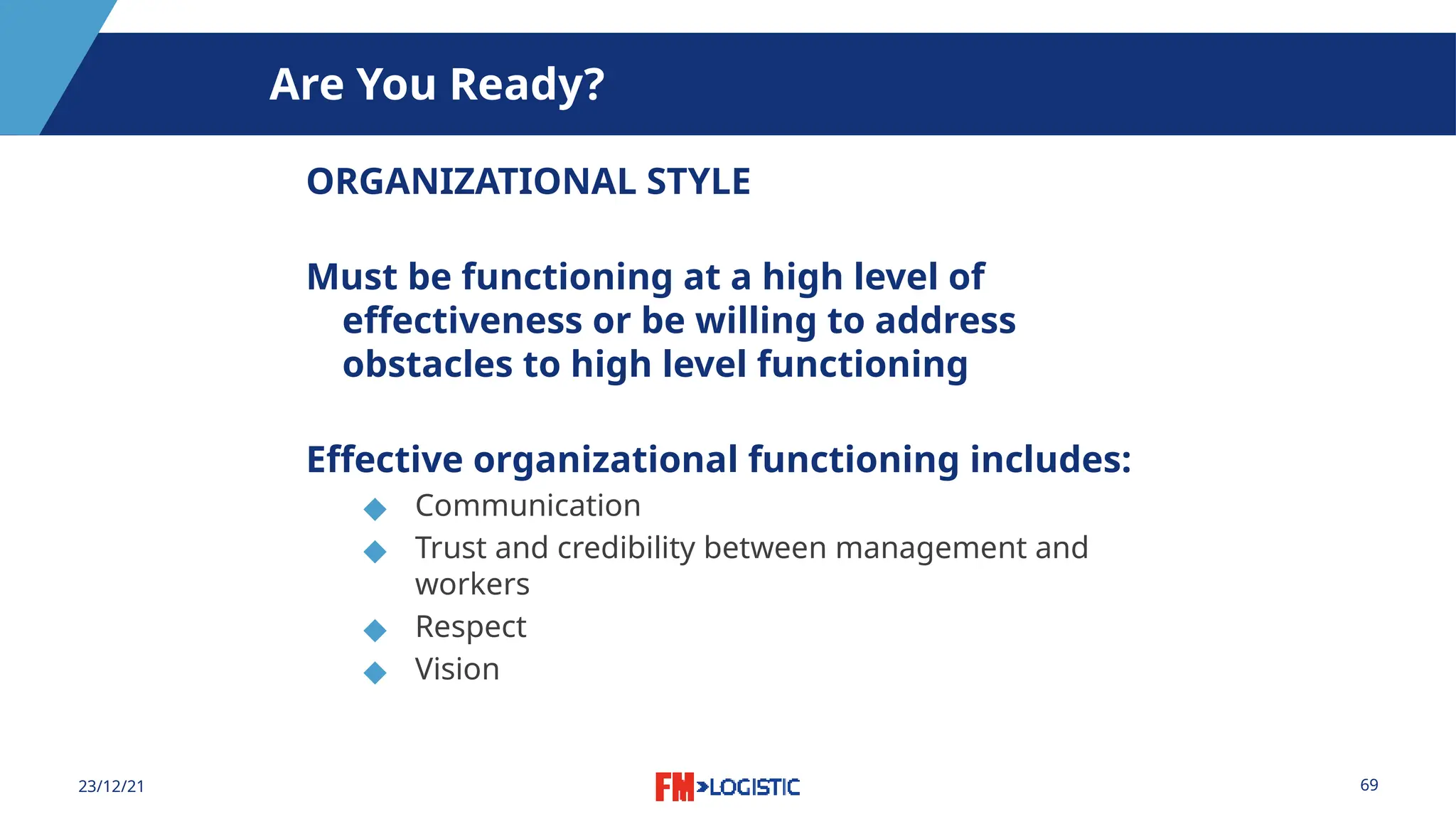 69
23/12/21
Are You Ready?
ORGANIZATIONAL STYLE
Must be functioning at a high level of
effectiveness or be willing to address
obstacles to high level functioning
Effective organizational functioning includes:
◆ Communication
◆ Trust and credibility between management and
workers
◆ Respect
◆ Vision
 
