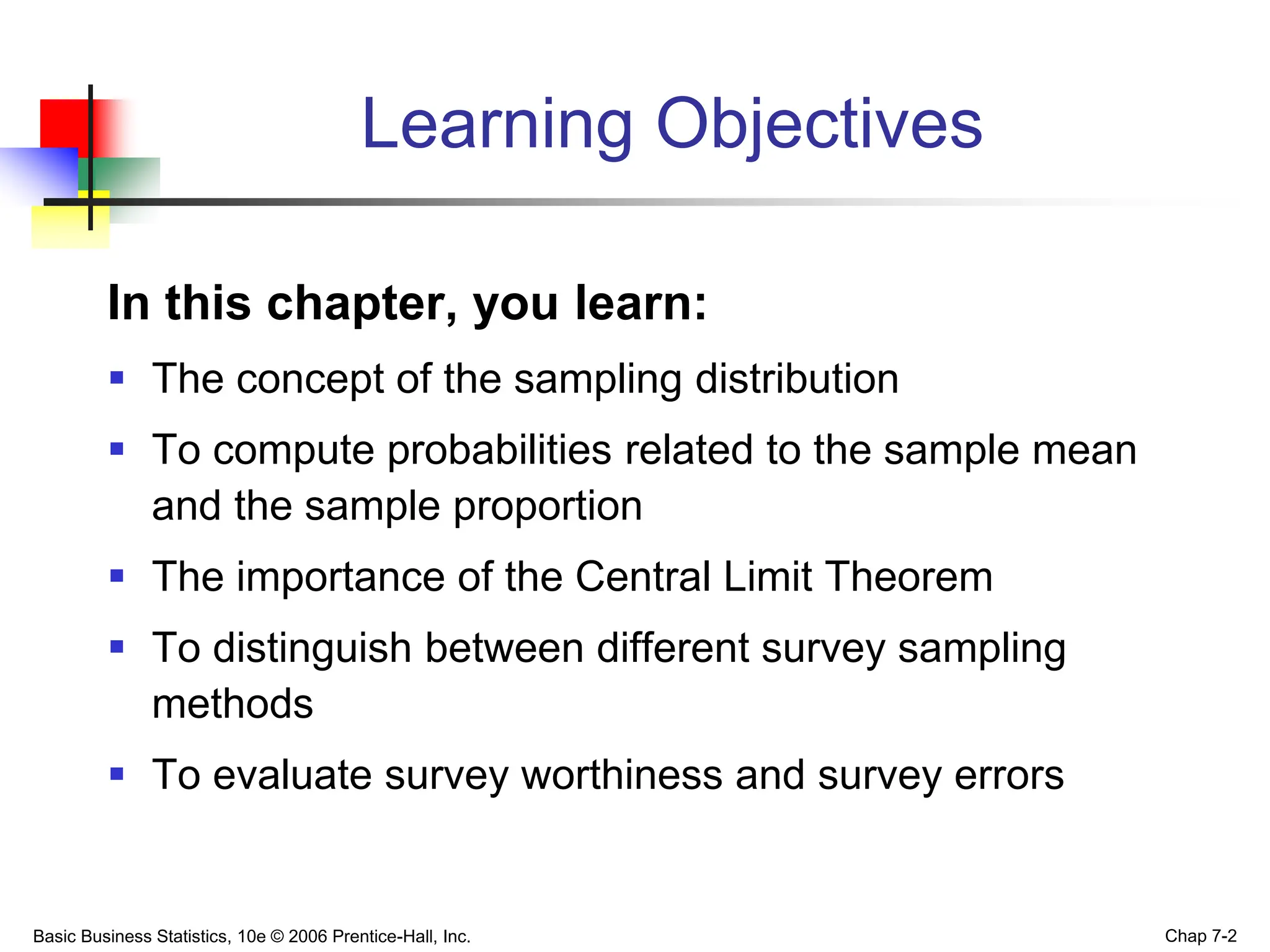 Basic Business Statistics, 10e © 2006 Prentice-Hall, Inc. Chap 7-2
Learning Objectives
In this chapter, you learn:
 The concept of the sampling distribution
 To compute probabilities related to the sample mean
and the sample proportion
 The importance of the Central Limit Theorem
 To distinguish between different survey sampling
methods
 To evaluate survey worthiness and survey errors
 